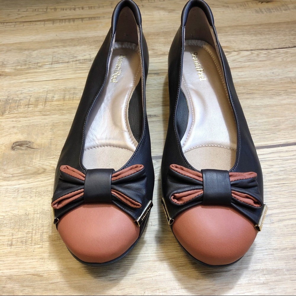 Beautifeel ELLE Leather Brown & Black Bow Flats
